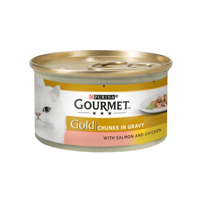 <p><strong>Gourmet Gold 85 gr bucăți în sos cu pui, somon pentru pisici</strong></p>