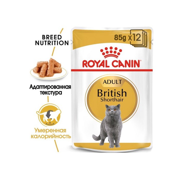 <p><strong>Hrană umedă completă adaptată nevoilor nutriționale specifice ale pisicii adulte din rasa British Shorthair, cu vârsta peste 12 luni (carne mărunțită în sos).</strong></p>