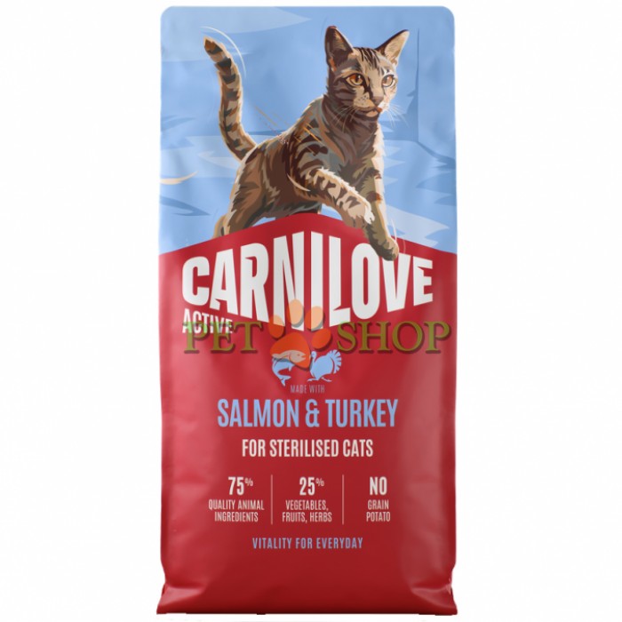 <p><strong>Carnilove Cat Sterilised&nbsp;Salmon, Turkey -&nbsp;</strong>полнорационный корм <strong>ACTIVE с лососем и индейкой</strong> для стерилизованных взрослых кошек всех пород.&nbsp;<strong>Свежее мясо и субпродукты&nbsp;-&nbsp;Без куриного мяса и жира&nbsp;-&nbsp;Беззерновой.</strong></p>