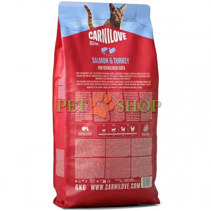<p><strong>Carnilove Cat Sterilised&nbsp;Salmon, Turkey -&nbsp;</strong>полнорационный корм <strong>ACTIVE с лососем и индейкой</strong> для стерилизованных взрослых кошек всех пород.&nbsp;<strong>Свежее мясо и субпродукты&nbsp;-&nbsp;Без куриного мяса и жира&nbsp;-&nbsp;Беззерновой.</strong></p>