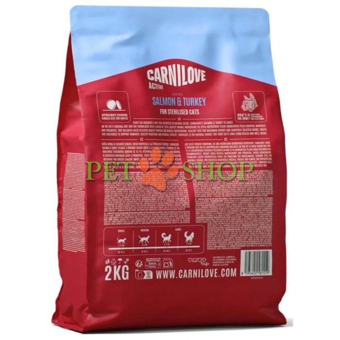 <p><strong>Carnilove Cat Sterilised&nbsp;Salmon, Turkey -&nbsp;</strong>полнорационный корм <strong>ACTIVE с лососем и индейкой</strong> для стерилизованных взрослых кошек всех пород.&nbsp;<strong>Свежее мясо и субпродукты&nbsp;-&nbsp;Без куриного мяса и жира&nbsp;-&nbsp;Беззерновой.</strong></p>