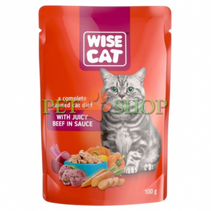 <p><strong>Wise Cat с говядиной в соусе</strong>&nbsp;&mdash; это полнорационный влажный корм, специально разработанный для взрослых кошек всех пород.</p>