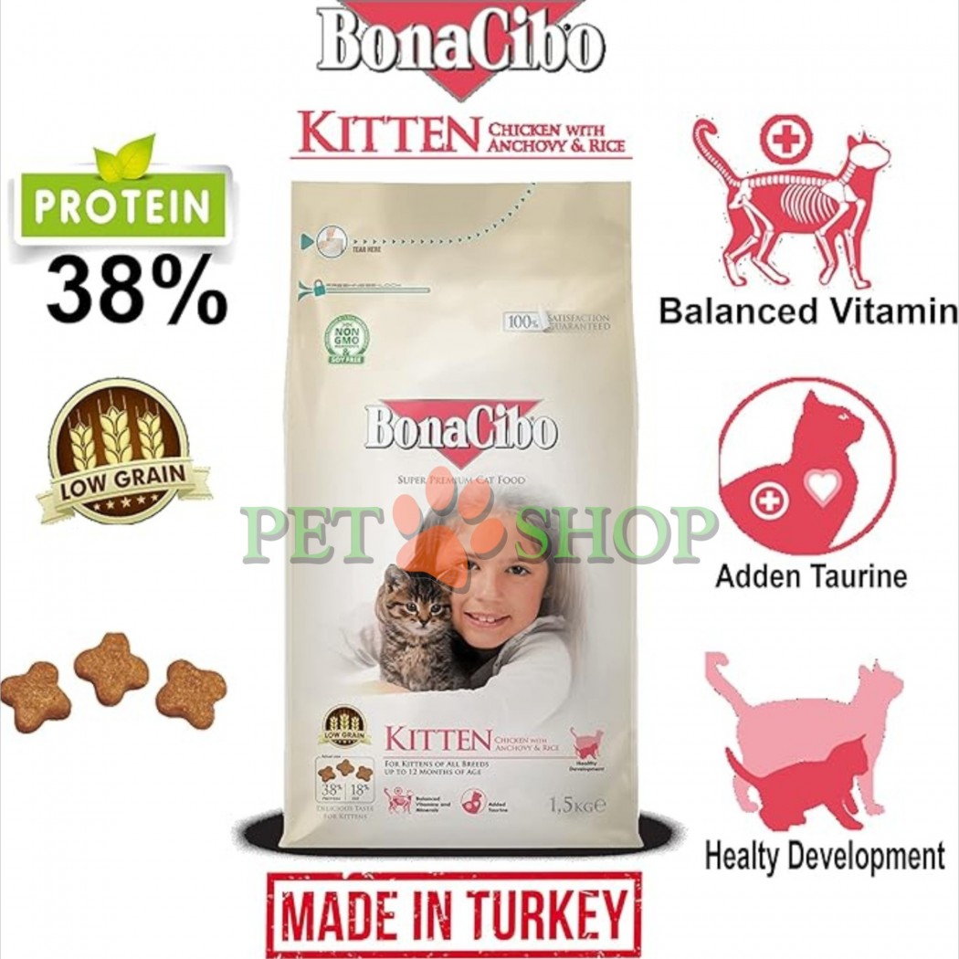 <p><strong>BonaCibo Kitten -&nbsp;сбалансированный и полнорационный сухой корм на основе мяса курицы, анчоусов и риса для котят возрастом до 12 месяцев, беременных и кормящих кошек всех пород.</strong></p>