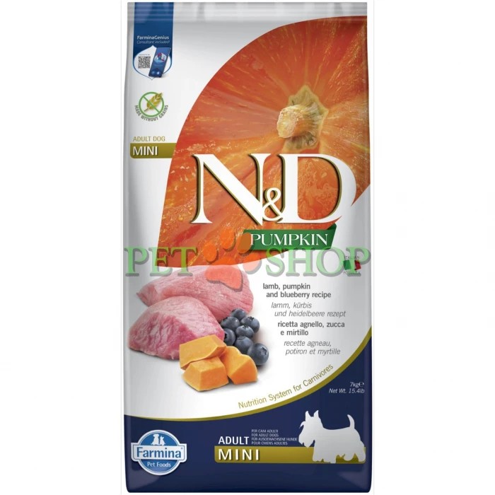 <p><strong>Farmina ND Pumpkin Dog Grain Free Lamb,&nbsp;Blueberry Adult Mini</strong> -&nbsp;полнорационный беззерновой сухой корм для взрослых собак мелких пород.</p>