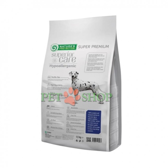 <p><strong>Nature's Protection Superior Care Hypoallergenic Grain Free with Salmon for Adult All Breeds</strong> - acesta este un aliment uscat complet și echilibrat de clasă super-premium pentru c&acirc;ini, care conține surse de proteine și materii prime de cea mai &icirc;naltă calitate. Acest aliment uscat complet, hipoalergenic, este special formulat pentru c&acirc;inii cu un sistem digestiv sensibil.&nbsp;Dimensiunea granulelor: 13&ndash;15 mm.</p>