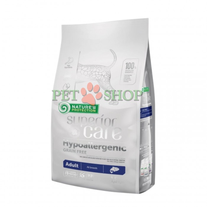 <p><strong>Nature's Protection Superior Care Hypoallergenic Grain Free with Salmon for Adult All Breeds</strong> - acesta este un aliment uscat complet și echilibrat de clasă super-premium pentru c&acirc;ini, care conține surse de proteine și materii prime de cea mai &icirc;naltă calitate. Acest aliment uscat complet, hipoalergenic, este special formulat pentru c&acirc;inii cu un sistem digestiv sensibil.&nbsp;Dimensiunea granulelor: 13&ndash;15 mm.</p>