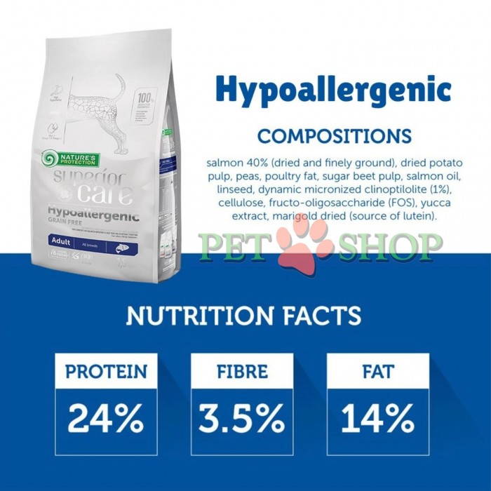 <p><strong>Nature's Protection Superior Care Hypoallergenic Grain Free with Salmon for Adult All Breeds</strong> - acesta este un aliment uscat complet și echilibrat de clasă super-premium pentru c&acirc;ini, care conține surse de proteine și materii prime de cea mai &icirc;naltă calitate. Acest aliment uscat complet, hipoalergenic, este special formulat pentru c&acirc;inii cu un sistem digestiv sensibil.&nbsp;Dimensiunea granulelor: 13&ndash;15 mm.</p>