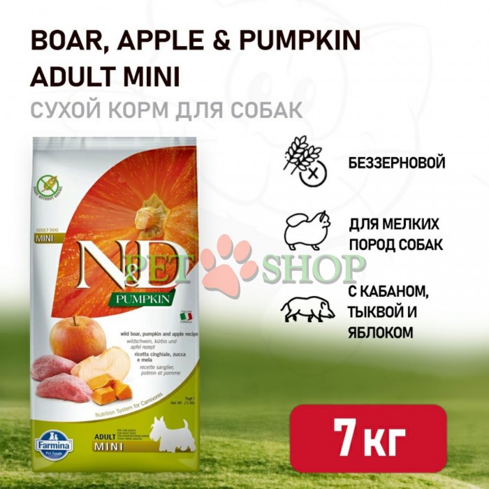 <p><strong>Farmina ND Pumpkin Dog Adult Mini Wild Boar,&nbsp;Apple</strong> - hrană uscată fără cereale pentru c&acirc;ini adulți de talie mică, mistreț cu măr și dovleac.</p>