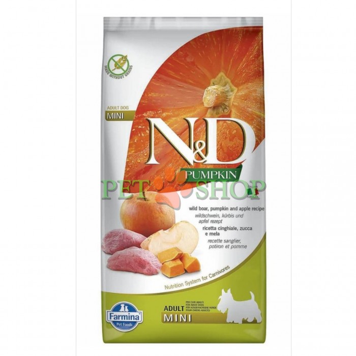 <p><strong>Farmina ND Pumpkin Dog Adult Mini Wild Boar,&nbsp;Apple</strong> - hrană uscată fără cereale pentru c&acirc;ini adulți de talie mică, mistreț cu măr și dovleac.</p>
