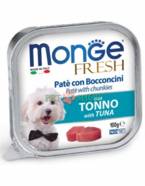 <p><strong>Monge Dog Fresh Pate and Chunkies with Tuna -&nbsp;</strong>вкусный паштет со свежим тунцом. Это полнорационный корм, разработанный для ежедневной поддержки здоровья вашего питомца. Нежный и аппетитный паштет с кусочками идеально подходит для собак мелких пород, а также в качестве лакомства для собак крупных пород.</p>