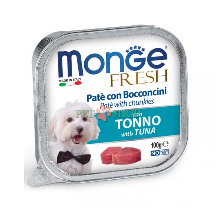 <p><strong>Monge Dog Fresh Pate and Chunkies with Tuna -&nbsp;</strong>вкусный паштет со свежим тунцом. Это полнорационный корм, разработанный для ежедневной поддержки здоровья вашего питомца. Нежный и аппетитный паштет с кусочками идеально подходит для собак мелких пород, а также в качестве лакомства для собак крупных пород.</p>