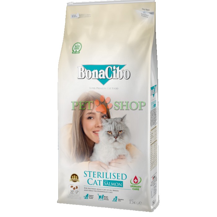 <p><strong>Bonacibo Adult Cat Light, Sterilised Urinary Salmon</strong> -&nbsp;разработан для стерилизованных или склонных к набору веса кошек. Корм содержит тщательно сбалансированные уровни белков и жиров, которые помогают контролировать вес, одновременно обеспечивая все необходимые питательные вещества в вкусном и полноценном рационе.</p>