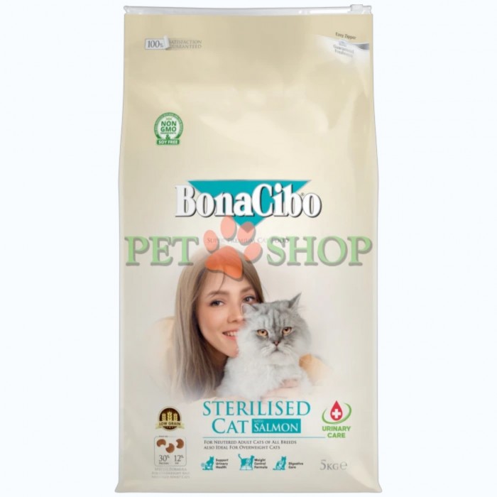 <p><strong>Bonacibo Adult Cat Light, Sterilised Urinary Salmon</strong> -&nbsp;разработан для стерилизованных или склонных к набору веса кошек. Корм содержит тщательно сбалансированные уровни белков и жиров, которые помогают контролировать вес, одновременно обеспечивая все необходимые питательные вещества в вкусном и полноценном рационе.</p>
