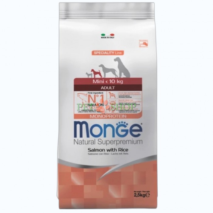 <p><strong>MONGE DRY DOG MINI ADULT Salmon, Rice -&nbsp;</strong>сбалансированный полнорационный корм для взрослых собак мелких пород, который&nbsp;разработан на основе одного источника белка животного происхождения &ndash; лосося<strong>.</strong>&nbsp;Идеально подходит для питомцев, которые обладают повышенной чувствительностью к компонентам корма или нуждаются в исключающей диете.</p>