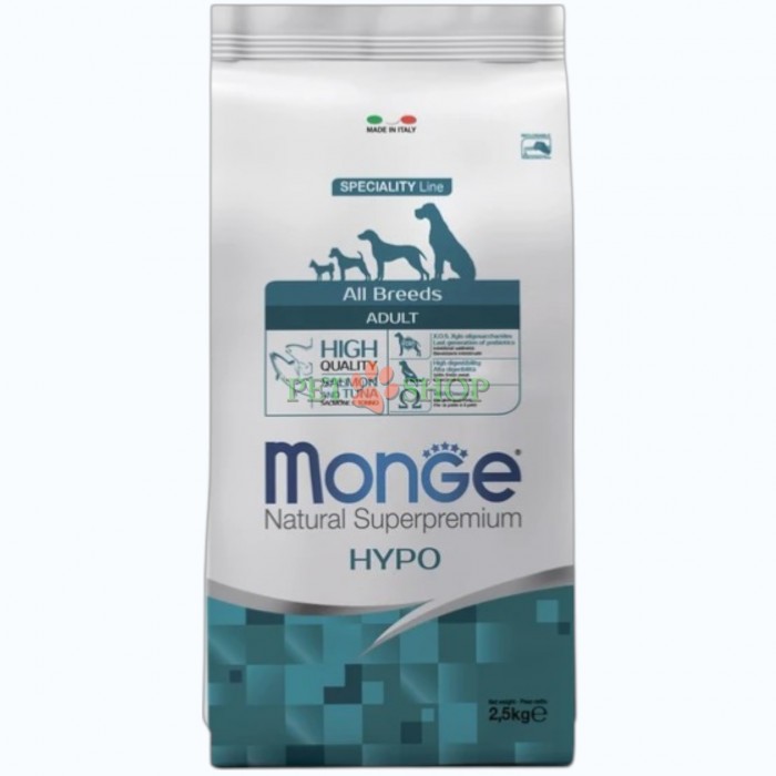 <p><strong>Monge Dog All Breed Adult Hypoallergenic &nbsp;Salmon, Tuna</strong> &mdash; полноценный диетический корм для взрослых собак всех пород, предназначен для снижения непереносимости ингредиентов и питательных веществ, с одной выбранной углеводной основой.</p>