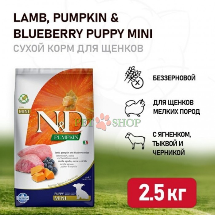 <p><strong>Farmina ND Pumpkin Dog Puppy Mini&nbsp;Lamb, blueberry -&nbsp;</strong>ягненок, тыква и черника. Полнорационный беззерновой сухой корм для щенков, беременных и кормящих сук мелких пород.</p>