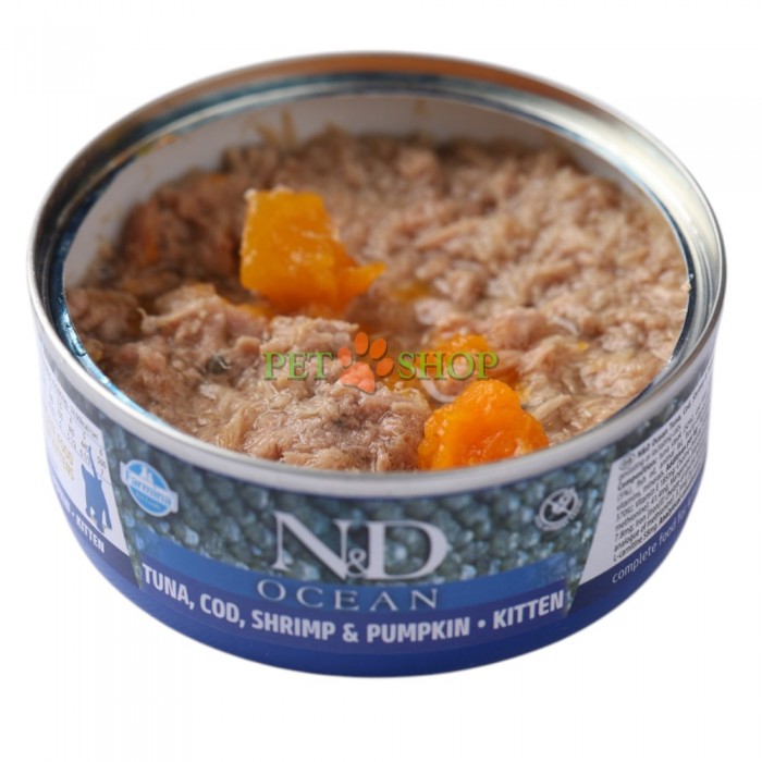 <p><strong>Farmina ND&nbsp;Tuna, Cod, Shrimp,&nbsp;Pumpkin Kitten.&nbsp;</strong>ТУНЕЦ, ТРЕСКА, КРЕВЕТКИ И ТЫКВА Kitten. Полнорационный влажный корм для котят, беременных и лактирующих кошек.</p>