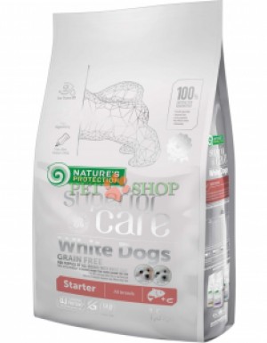 <p><strong>Natures Protection White Dogs GF Starter All breeds Salmon</strong> - беззерновой полнорационный сухой корм с лососем и крилем для щенков всех пород с белой шерстью. Сбалансированное питание, которое необходимо питомцу на этапе отлучения от матери и перехода на твердую пищу.&nbsp;<strong>Оптимален для щенков всех пород в возрасте до 4 месяцев, а также для беременных и кормящих собак.&nbsp;</strong></p>