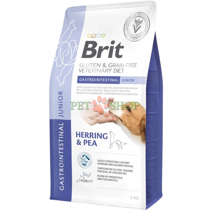 <p><strong>Brit GF Veterinary Diet Dog Gastrointestinal Junior - hrană dietetică completă pentru pui, c&acirc;ini tineri, precum și femele gestante sau lactante cu aromă de hering și mazăre.&nbsp;</strong>Pentru reducerea tulburărilor de absorbție intestinală și compensarea maldigestiei.</p>