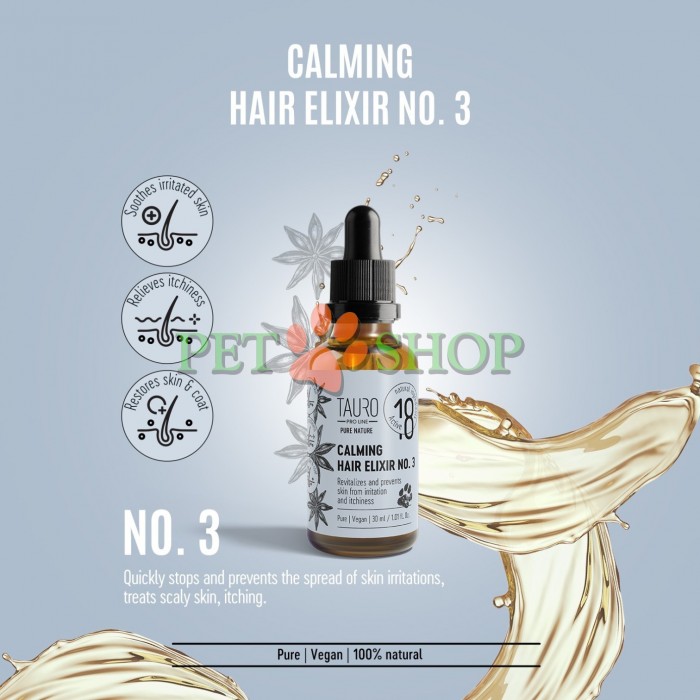 <p><strong>Tauro Pro Line Pure Nature Calming Elixir №3 -&nbsp;</strong>эликсир содержит комплекс из трех натуральных и эфирных масел, обогащенный витаминами и аминокислотами, специально разработанный <strong>для снятия раздражения кожи, уменьшения зуда, шелушения и восстановления здоровой кожи и шерсти</strong> вашего питомца.&nbsp;Содержит&nbsp;<strong>8 эссенций и 10 формул масел.</strong></p>