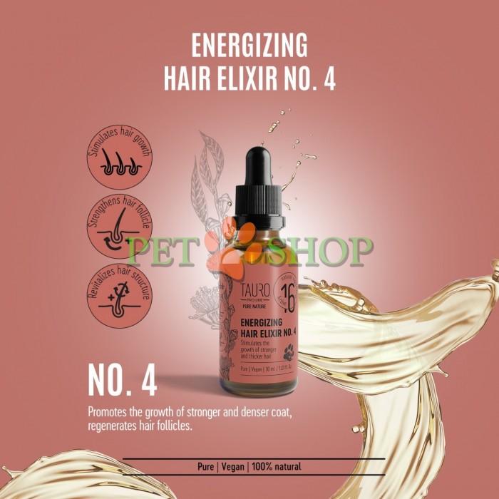 <p><strong>Tauro Pro Line Pure Nature Energizing Elixir №4</strong>. В состав этого эликсира входит комплекс из четырех сверхсильных и концентрированных эфирных масел, обогащенных витаминами и аминокислотами, которые <strong>стимулируют рост волос, укрепляют волосы и их фолликулы, помогают при алопеции и восстанавливают ослабленную шерсть</strong>.&nbsp;<strong>Оригинальная смесь из 16 эфирных масел</strong> улучшает качество волосяных фолликулов, благодаря чему шерсть становится густой и упругой.</p>