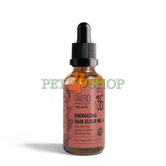<p><strong>Tauro Pro Line Pure Nature Energizing Elixir №4</strong>. В состав этого эликсира входит комплекс из четырех сверхсильных и концентрированных эфирных масел, обогащенных витаминами и аминокислотами, которые <strong>стимулируют рост волос, укрепляют волосы и их фолликулы, помогают при алопеции и восстанавливают ослабленную шерсть</strong>.&nbsp;<strong>Оригинальная смесь из 16 эфирных масел</strong> улучшает качество волосяных фолликулов, благодаря чему шерсть становится густой и упругой.</p>