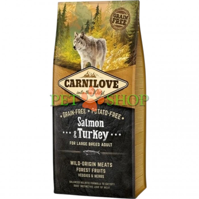 <p><strong>Carnilove Adult Large Breed Dog Salmon, Turkey</strong> este o hrană completă fără cereale, cu somon și curcan, pentru c&acirc;ini adulți de talie mare. Fără adaos de cereale și cartofi.</p>