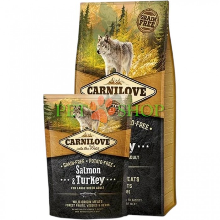 <p><strong>Carnilove Adult Large Breed Dog Salmon, Turkey</strong> este o hrană completă fără cereale, cu somon și curcan, pentru c&acirc;ini adulți de talie mare. Fără adaos de cereale și cartofi.</p>