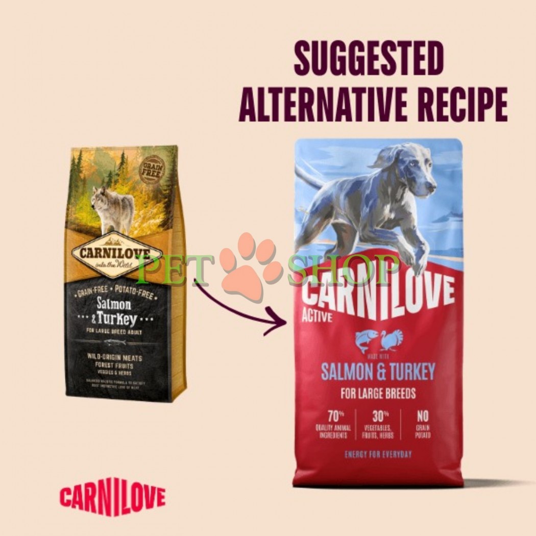 <p><strong>Carnilove&nbsp;Adult Large Breed Dog&nbsp;Salmon,&nbsp;Turkey -&nbsp;</strong>полнорационный беззерновой корм с лососем и индейкой для взрослых собак крупных пород (больше 25 кг). <strong>Свежее мясо -&nbsp;Без куриного мяса и жира -</strong>&nbsp;<strong>Без злаков.</strong></p>