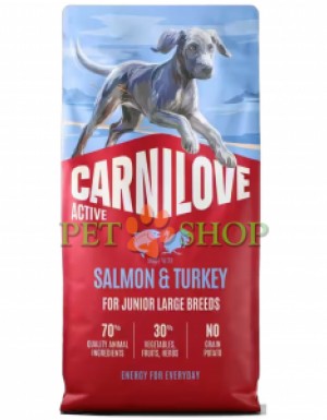 <p><strong>Carnilove Junior Large Breed Salmon, Turkey</strong> &ndash; hrană completă <strong>ACTIVE cu somon și curcan</strong> pentru c&acirc;ini tineri de talie mare <strong>(de la 1 p&acirc;nă la 24 de luni, cu greutatea de peste 25 kg)</strong>. <strong>Carne proaspătă &ndash; Fără carne și grăsime de pui &ndash; Fără cereale.</strong></p>