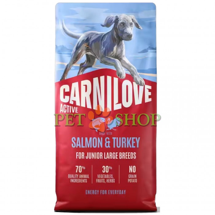 <p><strong>Carnilove Junior Large Breed Salmon, Turkey</strong> &ndash; hrană completă <strong>ACTIVE cu somon și curcan</strong> pentru c&acirc;ini tineri de talie mare <strong>(de la 1 p&acirc;nă la 24 de luni, cu greutatea de peste 25 kg)</strong>. <strong>Carne proaspătă &ndash; Fără carne și grăsime de pui &ndash; Fără cereale.</strong></p>