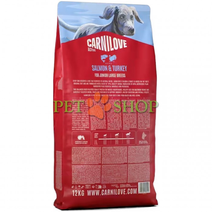 <p><strong>Carnilove Junior Large Breed Salmon, Turkey</strong> &ndash; hrană completă <strong>ACTIVE cu somon și curcan</strong> pentru c&acirc;ini tineri de talie mare <strong>(de la 1 p&acirc;nă la 24 de luni, cu greutatea de peste 25 kg)</strong>. <strong>Carne proaspătă &ndash; Fără carne și grăsime de pui &ndash; Fără cereale.</strong></p>