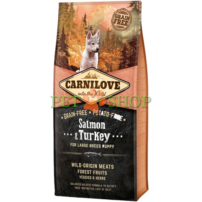 <p><strong>Carnilove Puppy Large Breed Salmon, Turkey</strong> &ndash; hrană completă fără cereale cu somon și curcan pentru căței de talie mare. Fără adaos de cereale și cartofi.</p>