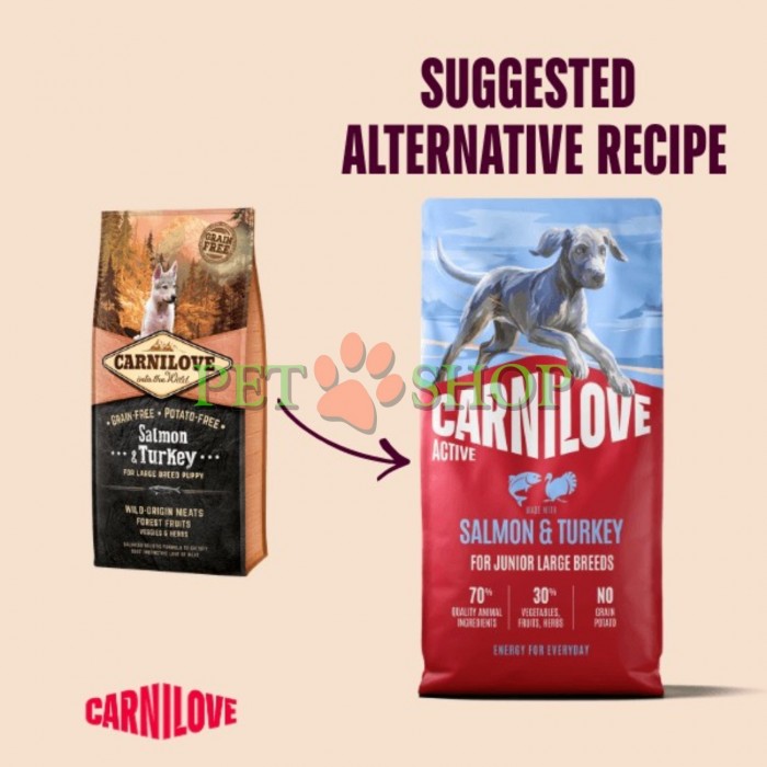 <p><strong>Carnilove Junior Large Breed Salmon, Turkey</strong> &ndash; hrană completă <strong>ACTIVE cu somon și curcan</strong> pentru c&acirc;ini tineri de talie mare <strong>(de la 1 p&acirc;nă la 24 de luni, cu greutatea de peste 25 kg)</strong>. <strong>Carne proaspătă &ndash; Fără carne și grăsime de pui &ndash; Fără cereale.</strong></p>