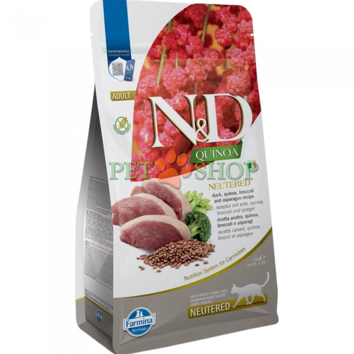 <p><strong>Farmina ND Cat Quinoa Neutered Duck, Quinoa, Broccoli, Asparagus</strong> - полнорационный сухой корм для стерилизованных кошек и кастрированных котов. Утка, киноа, брокколи и спаржа.</p>