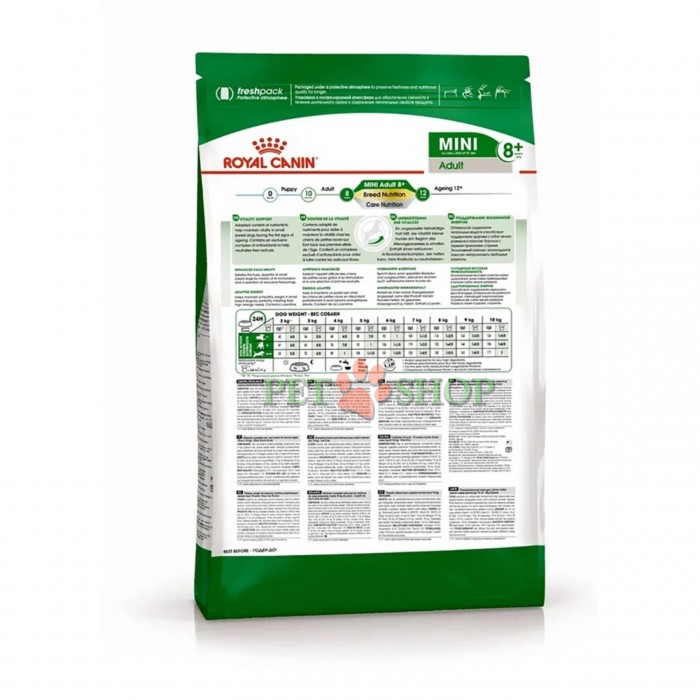<p><strong>Royal Canin Mini Adult 8+</strong> &mdash; hrană uscată pentru c&acirc;ini adulți de talie mică (p&acirc;nă la 10 kg), cu v&acirc;rsta de peste 8 ani.</p>