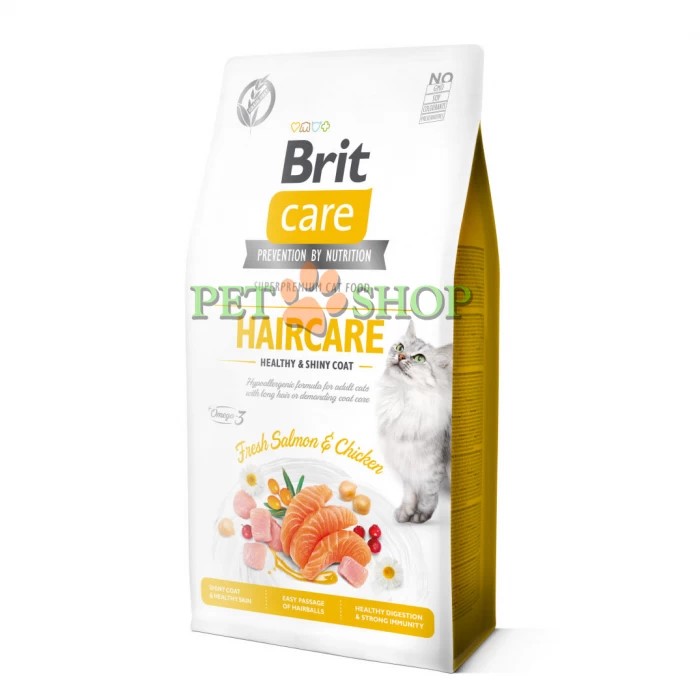 <p><strong>Brit Care Cat Grain-Free Haircare healthy and shiny coat </strong>- полнорационный корм для взрослых кошек с повышенными требованиями к уходу за шерстью. Гипоаллергенная беззерновая формула, богатая клетчаткой, которая облегчает выведение шерстяных комков.</p>