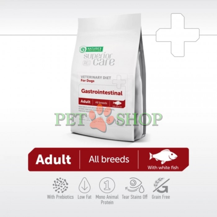 <p><strong>Nature's Protection Superior Care Adult All Breed Dogs Veterinary Diet Gastrointestinal White Fish</strong> -&nbsp;ветеринарный диетический сухой корм с белой рыбой для взрослых собак всех пород с нарушениями работы желудочно-кишечного тракта.</p>