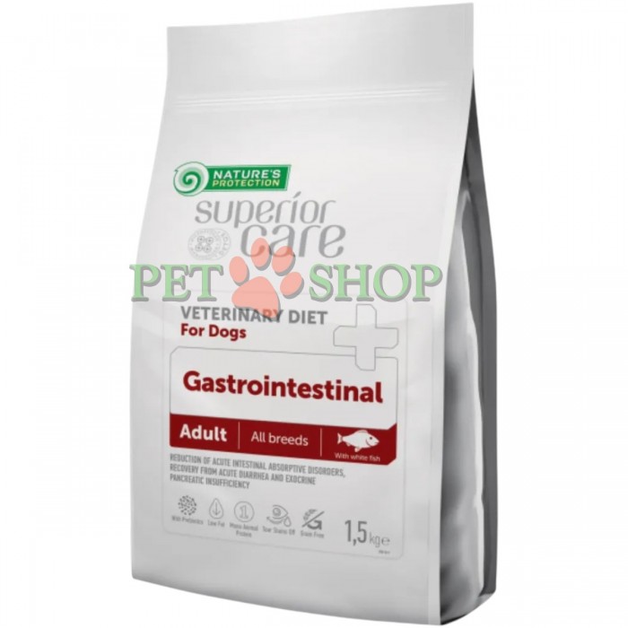 <p><strong>Nature's Protection Superior Care Adult All Breed Dogs Veterinary Diet Gastrointestinal White Fish</strong> -&nbsp;ветеринарный диетический сухой корм с белой рыбой для взрослых собак всех пород с нарушениями работы желудочно-кишечного тракта.</p>