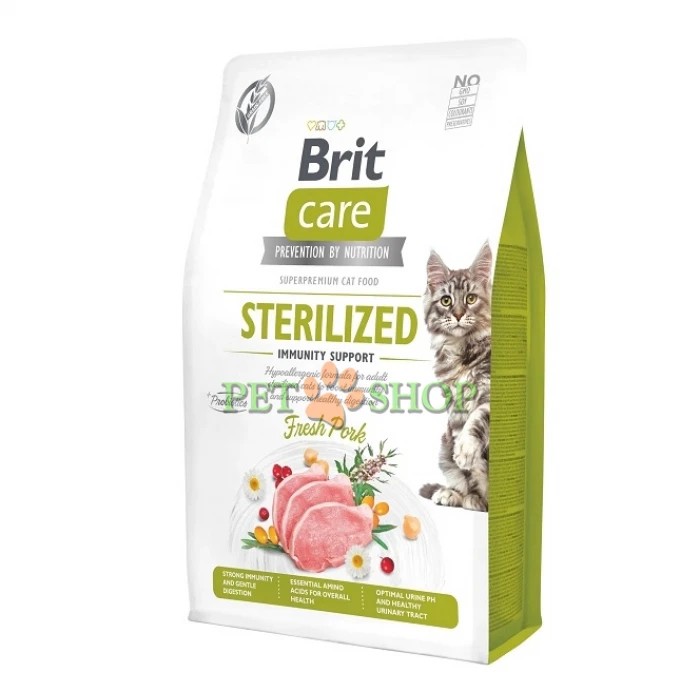 <p><strong>Brit Care Cat Grain-Free Sterilized Immunity Support - полнорационный корм с&nbsp;поддержкой&nbsp;иммунитета для стерилизованных и кастрированных взрослых кошек, гипоаллергенная формула, со свининой.</strong></p>