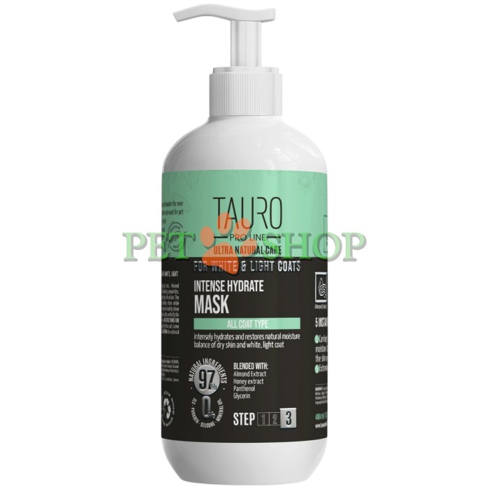<p><strong>Tauro Pro Line Ultra Natural Care For White, Light Coat</strong> &ndash; mască intensiv hidratantă cu ingrediente de cea mai &icirc;naltă calitate și extract de migdale, concepută pentru &icirc;ntărirea firului de păr, hidratarea profundă a pielii și a blănii, oferindu-le strălucire și intensific&acirc;nd culoarea naturală. Masca este destinată c&acirc;inilor și pisicilor cu blană albă sau deschisă la culoare.</p>