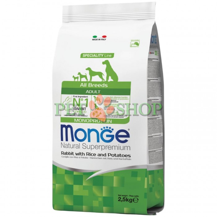 <p><strong>Monge All breeds Adult Monoprotein Rabbit, Rice, Potatoes</strong> -&nbsp;полнорационный корм для взрослых собак всех пород с кроликом, рисом и картошкой.&nbsp;Не содержит добавленных красителей и искусственных консервантов.</p>