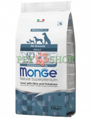 <p><strong>Monge Dog All breeds Adult Monoprotein Trout, Rice, Potatoes -&nbsp;</strong>полнорационный корм для взрослых собак всех пород с форелью, рисом и картофелем.&nbsp;Не содержит искусственных красителей и консервантов.</p>