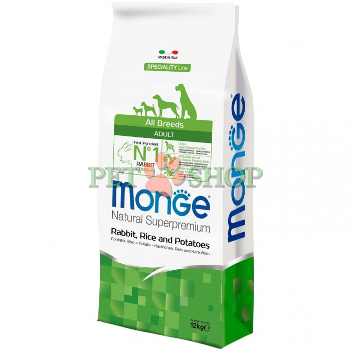 <p><strong>Monge All Breeds Adult Monoprotein Rabbit, Rice, Potatoes</strong> &ndash; hrană completă pentru c&acirc;ini adulți de toate rasele, cu iepure, orez și cartofi. <strong>Nu conține coloranți adăugați și conservanți artificiali.</strong></p>