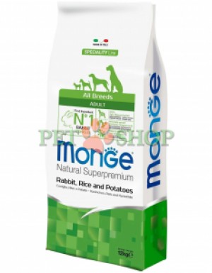 <p><strong>Monge All Breeds Adult Monoprotein Rabbit, Rice, Potatoes</strong> &ndash; hrană completă pentru c&acirc;ini adulți de toate rasele, cu iepure, orez și cartofi. <strong>Nu conține coloranți adăugați și conservanți artificiali.</strong></p>