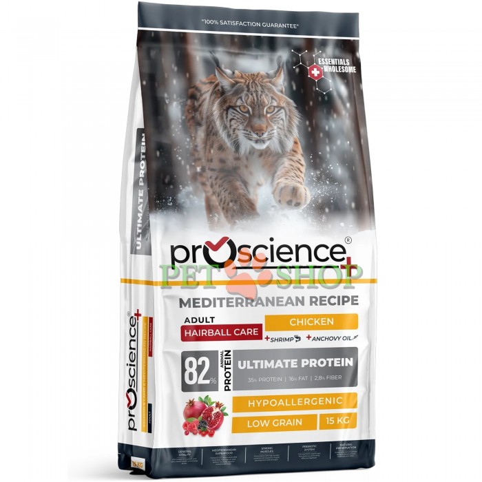 <p><strong>ProScience Cat Adult Hairball</strong>&nbsp;&mdash; это полнорационный и сбалансированный экструдированный сухой корм для взрослых кошек с курицей. Содержит <strong>82% белка животного происхождения</strong> и гипоаллергенную формулу с пониженным содержанием злаков. Корм помогает контролировать образование комков шерсти и обеспечивает полноценное питание для поддержания здоровья и активности взрослой кошки.</p>