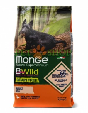<p><strong>Сухой корм Monge Dog BWild GRAIN FREE Mini корм для взрослых собак мелких пород, беззерновой, из утки с картофелем 2,5 кг</strong></p>