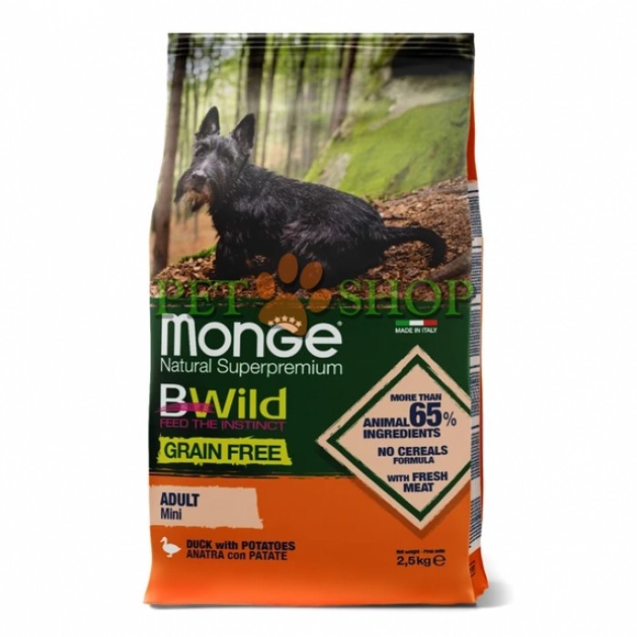 <p><strong>Monge BWild Grain Free Mini Adult Dog cu rață și cartofi Hrană completă și echilibrată, fără cereale, pentru câini adulți de talie mică 2.5 kg</strong></p>
