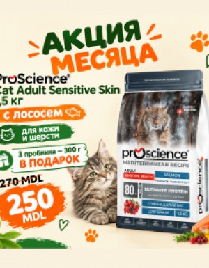 <p><strong>ProScience Cat Adult Sensitive Skin</strong> este o hrană uscată extrudată, completă și echilibrată pentru pisici adulte, cu somon. Conține 80% proteine de origine animală, o formulă hipoalergenică cu conținut redus de cereale și contribuie la menținerea sănătății pielii și a frumuseții blănii.</p>