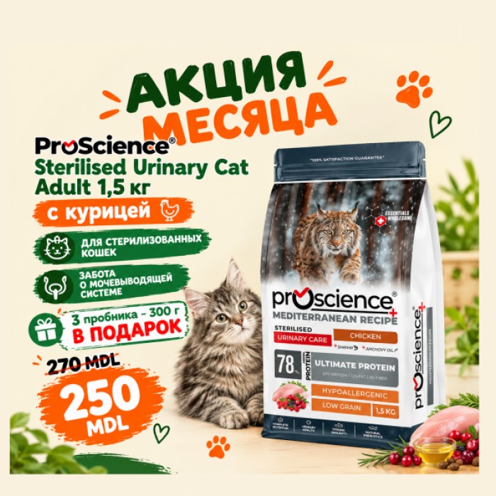 <p><strong>ProScience Sterilised Urinary Cat Adult</strong> este o hrană uscată extrudată, completă și echilibrată pentru pisici adulte sterilizate, cu aromă de pui. Conține <strong>78% proteine de origine animală</strong>, o formulă hipoalergenică cu conținut redus de cereale și asigură o alimentație completă și echilibrată.</p>